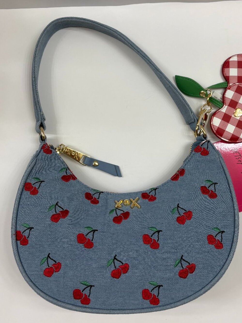 Betsey Johnson - XO Northy Denim Shoulder Bag / Purse W/ Red Cherries - NWT - Picture 6 of 13